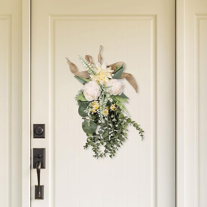 Qianly Artificial Floral Swag Garland Outdoor Indoor, Decorative, Flower Teardrop Wreath, Hanging for Office Holidays Festivals Wall, Champagne Color