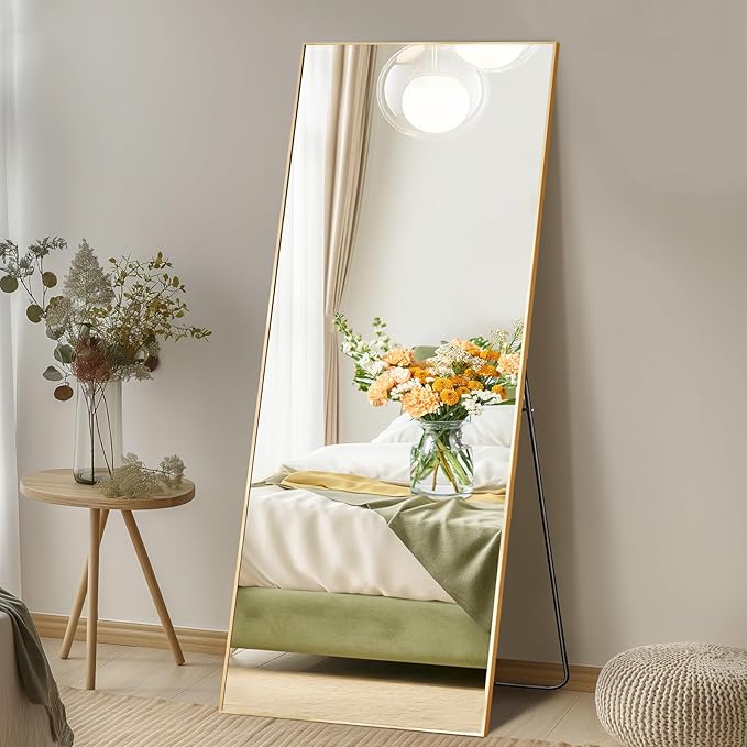 DUMOS 19"x58" Full Length Mirror with Stand, Floor Standing Aluminum Frame, Shatter-Proof Nano Glass for Bedroom, Living Room, Cloakroom – Modern Simple Home Decor,Can Be Hanging or Leaning, Gold