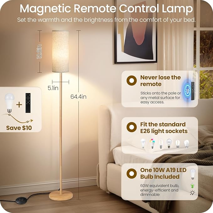 2 Pack Wooden Textured Pole Lamps, Dimmable Floor Lamp for Living Room with Remote and Foot Switch, 64.4” Standing Tall Lamp, Corner Light for Bedroom, Bulb Included, 3000K-6500K, XE06LDP205W1