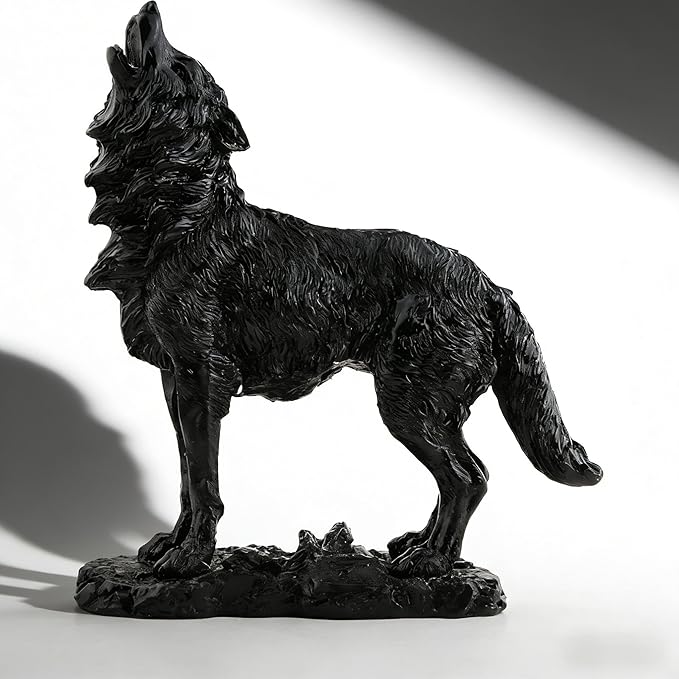 Black Howling Wolf Statue, Realistic Wild Wolf Sculpture, Resin Animal Figurine for Home Decor, Office Desk, Shelf, Wildlife Lover Gift