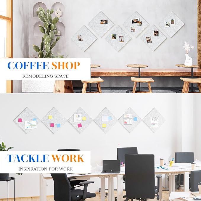 DOLLAR BOSS Felt Cork Board Tiles, 6 Packs 12" x 12" 1/2" Thick Cork Bulletin Board Self Adhesive Corkboards for Walls with 60 Pushpins for Home Office Kitchen School Decor Display, Light Grey
