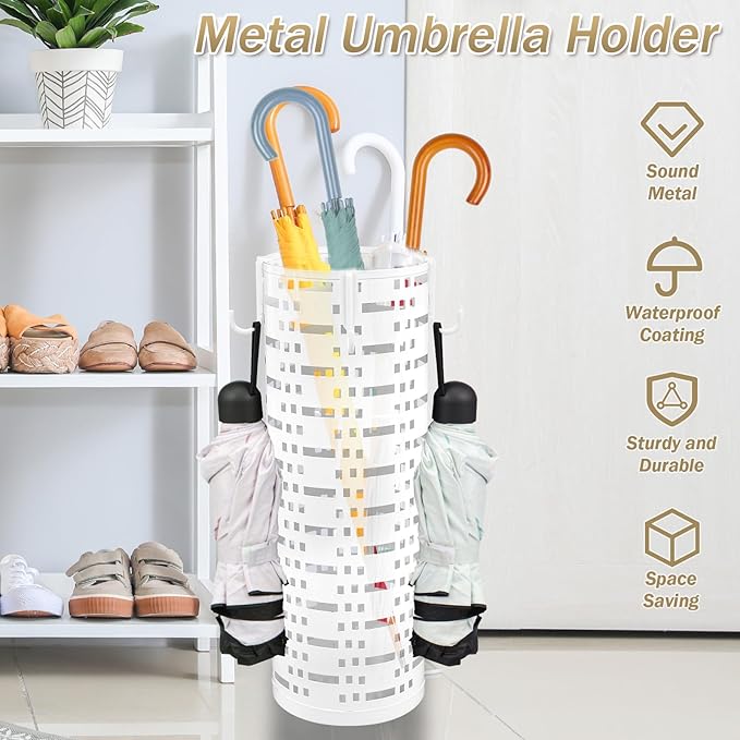 Umbrella Stand Rack, Free Standing Round Metal Umbrella Holder, Walking Sticks Umbrella Bins Waterproof Umbrella Storage Rack 16.5 x 6 inch Hollow Umbrella Storage Bucket for Indoor Home Office