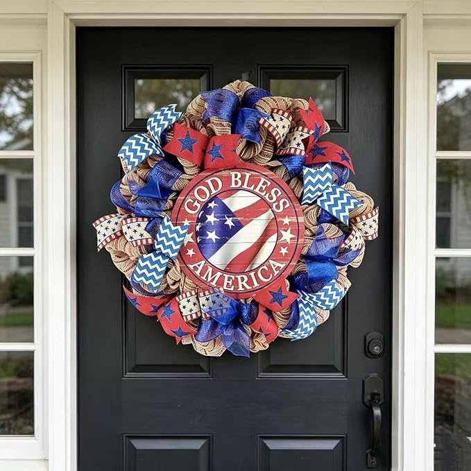 4th of July Decorations Outdoor Patriotic Wreaths for Front Door 250th Anniversary Decorations Red White and Blue American Flag Wreath (God Bless America 3)