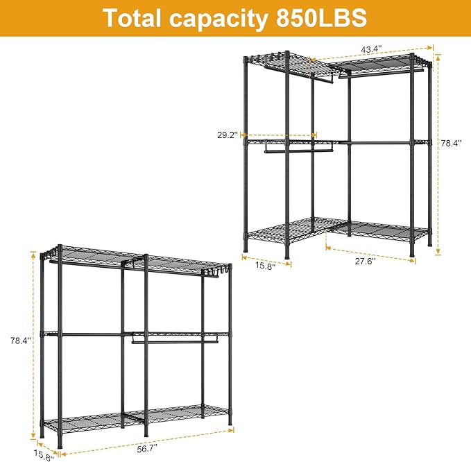 E15 Garment Rack L Shaped Clothes Rack for Corner，Freestanding Clothing Racks for Hanging Clothes，Heavy Duty Closet Organizer with 4 Hanging Rods & 8 S Hooks，43.4" W x 15.8" D x 78.4" H，Black