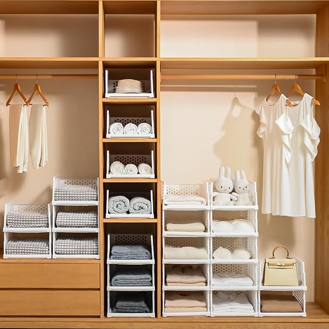 Pull-out Plastic Storage Basket,Stackable Closet Organizers Drawer Anti-Tipping, Reinforced Stable Shelf Container for Bathroom Laundry Room Storage, Space-Saving Clothes Storage (White, 5L)