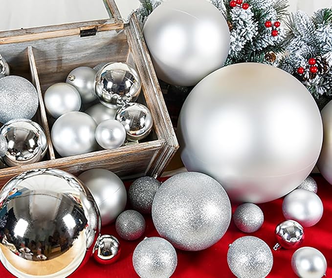 Emopeak 4Pcs Christmas Balls Ornaments for Xmas Christmas Tree - 4 Style Shatterproof Christmas Tree Decorations Hanging Ball for Holiday Wedding Party Decoration (Silver, 4"/10CM)