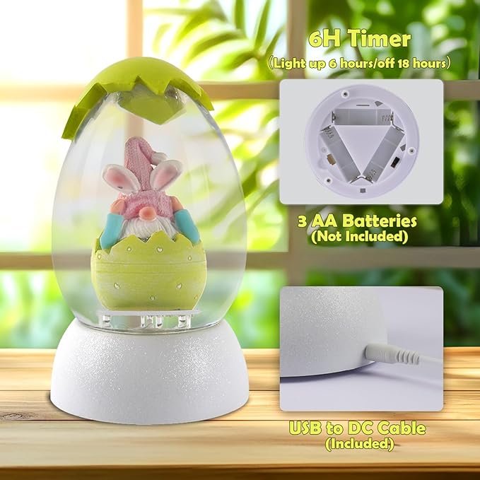 Gnome Easter Snow Globe, Easter Bunny Snow Globe Eggs Spring Decor with Swirling Glitter, 6H Timer, USB or Battery Powered, Hear No Evil Gnome Snowglobe for Tabletop Decor Gift 7.4 Inch (Green)