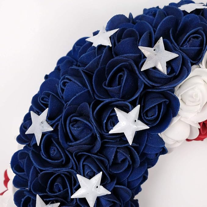 idyllic July 4th Patriotic Americana Wreath Boxwood Handcrafted Memorial Day Wreath Festival Garland Decoration Front Door Wall Home Decor (Blue)