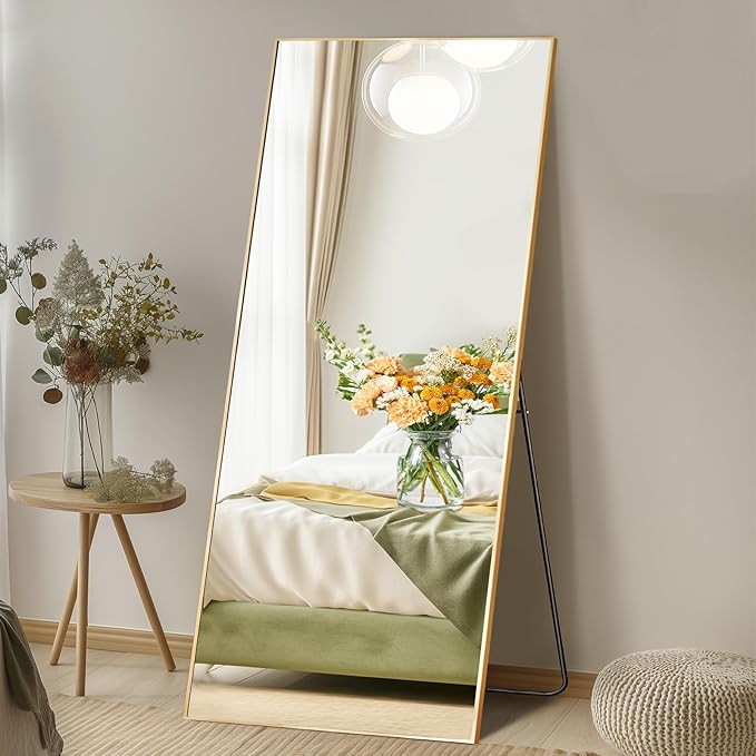 DUMOS 65"x24" Full Length Mirror, Full Body Mirror with Aluminum Alloy Thin Frame, Standing Mirrors with Leaning or Hanging, Suitable for Bedroom, Livingroom, Cloakroom, Gold