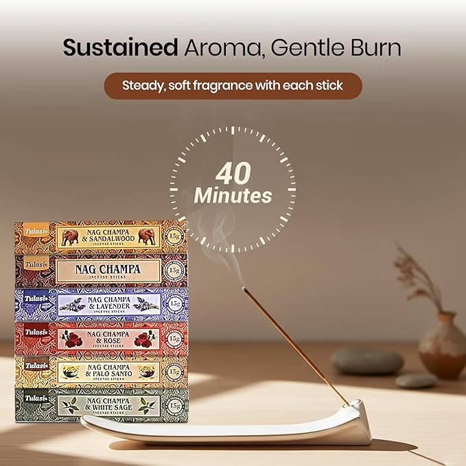 Tulasi Nag Champa Incense Sticks Gift Pack of 6, Hand Rolled Fragrance Incense Sticks for Aromatherapy, Relaxing, Yoga, Meditation, Prayer, Agarbatti Stick with Natural Oils, (15gm x 6)