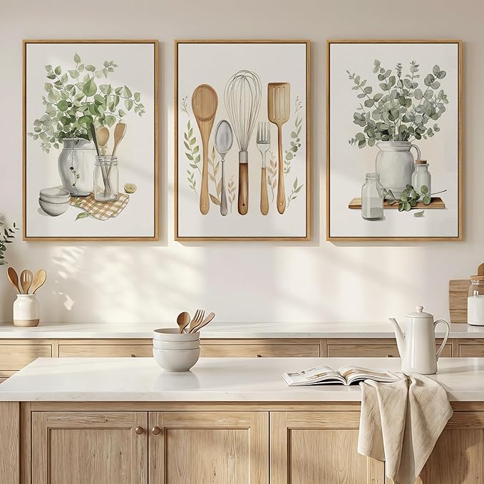 Framed Botanical Wall Art for Kitchen, 3 Piece Modern Farmhouse Sage Green Plant Canvas Painting Prints, Vintage Rustic Farmhouse Utensil Artwork for Kitchen Dining Room Coffee Bar Wall Decor, 16x24