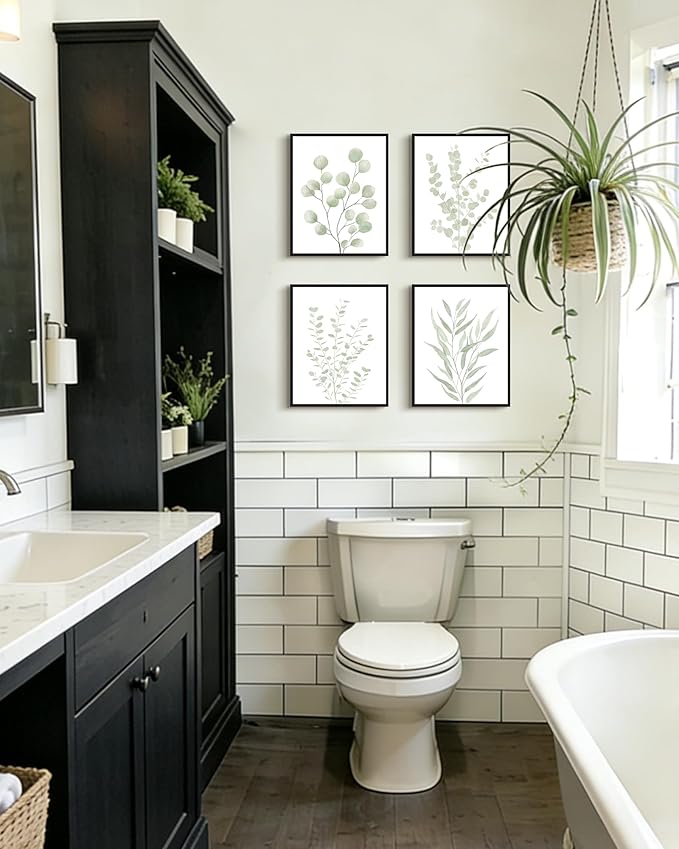 Drsoum Botanical Plant Framed Wall Art Boho Wall Decor for Bathroom Sage Green Eucalyptus Leaf Prints Minimalist Aesthetic Ready to Hang Set of 4, 11x14 in (Black Framed)