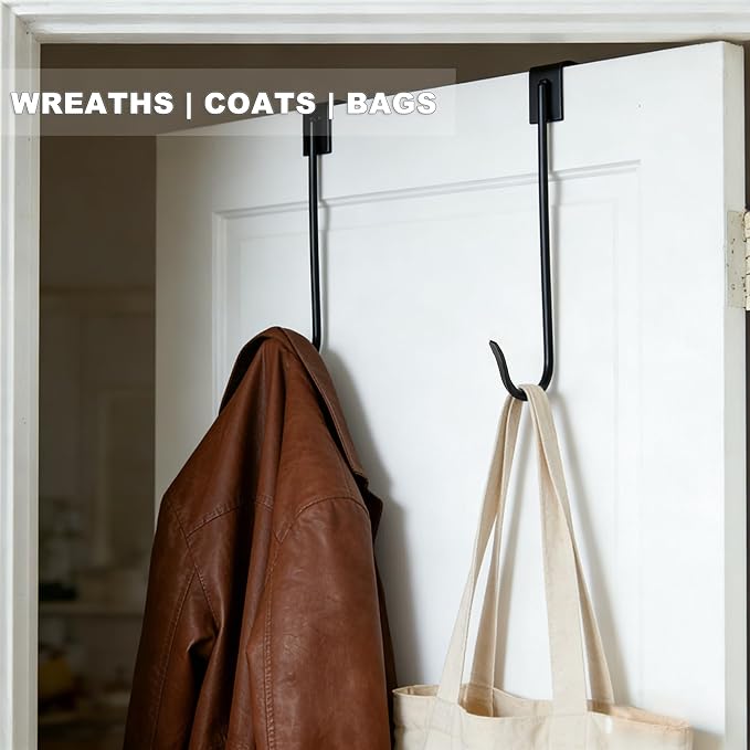 Jemeni 16" Heavy Duty Wreath Hangers for Front Door (2 Pack), 35LBS Matte Iron Over The Door Hook, No Tools Needed Black Wreath Holder