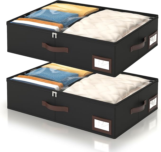 OIAHOMY 2 Pack Under Bed Storage, 6 Inch High Under Bed Storage Containers with Adjustable Dividers, Dual Zippers, &Clear Lid, 38L Under Bed Drawers For Clothes, Blankets, Clothing, & Shoes, Black