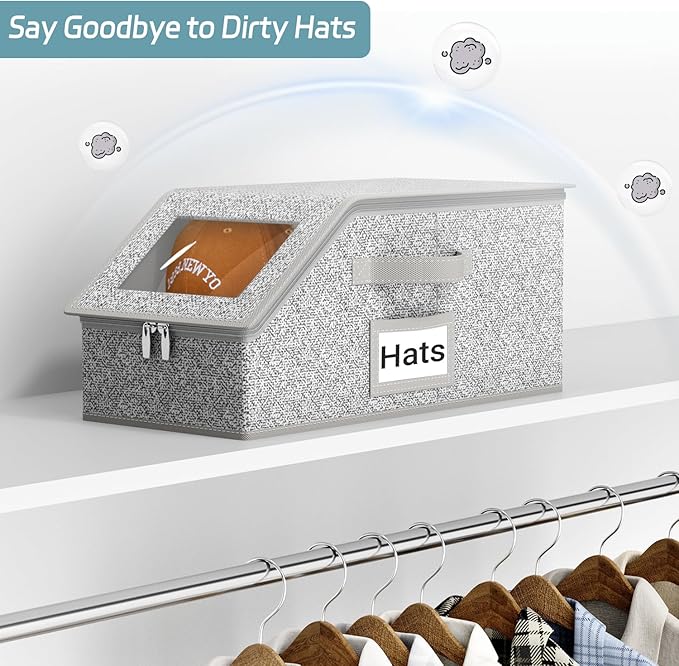 AOODA 2 PCS Stackable Hat Storage for Baseball Caps, Holds up to 24 Caps Hat Organizer for Closet, Sturdy Snapback Boxes for Men with Cardboard, Grey