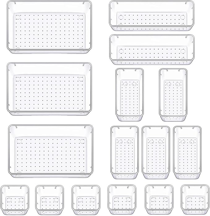 16 Pack Drawer Organizer Set, 4-Size Desk Drawer Organizer Fridge Storage Trays Containers Organization Food Storage Snack Organiser Storage Bins for Makeup Kitchen Utensils Gadgets Office