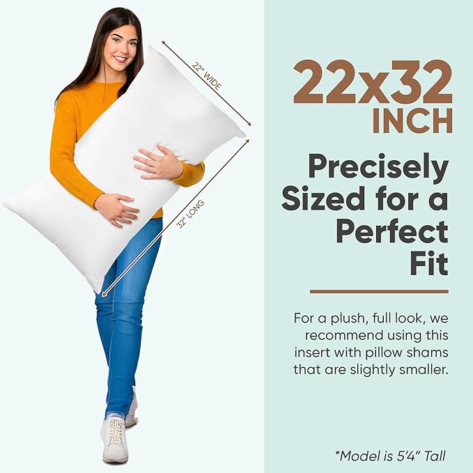 Pillowflex Synthetic Down Pillow Insert - 22x32 Down Alternative Pillow, Ultra Soft Oversized Queen Bed Sleeping Pillow, Large Rectangle Sham - 1 Decorative Pillow Form