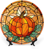 Fall Decorative Plates for Wall Hanging, Stained Glass Pumpkin & Leaves Ceramic Plate, Wobble-Plate with Display Stand, Home Decor for Kitchen Cabinets, Farmhouse Round Tray 10 Inch