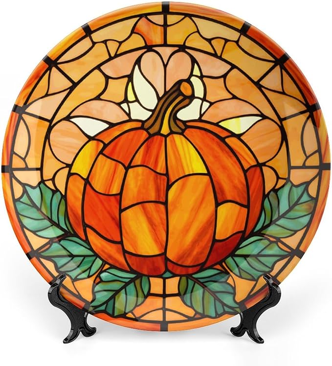 Fall Decorative Plates for Wall Hanging, Stained Glass Pumpkin & Leaves Ceramic Plate, Wobble-Plate with Display Stand, Home Decor for Kitchen Cabinets, Farmhouse Round Tray 10 Inch