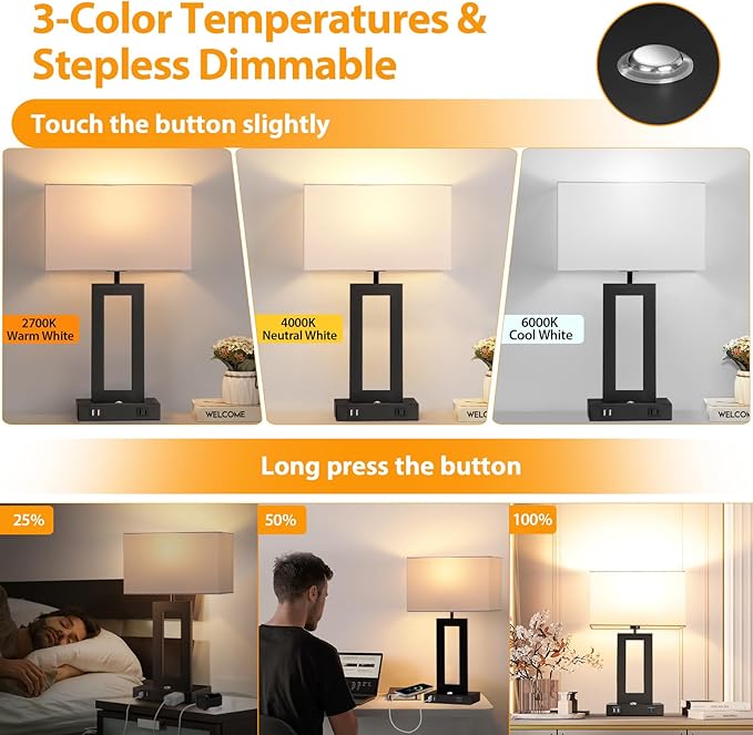 Kondras Set of 2 Table Lamps for Bedrooms, 3-Color Temperatures Touch Control Bedside Lamps with 2 USB Ports&AC Outlet, Stepless Dimmable Living Room Lamps for Nightstand, Bulbs Included, White&Black