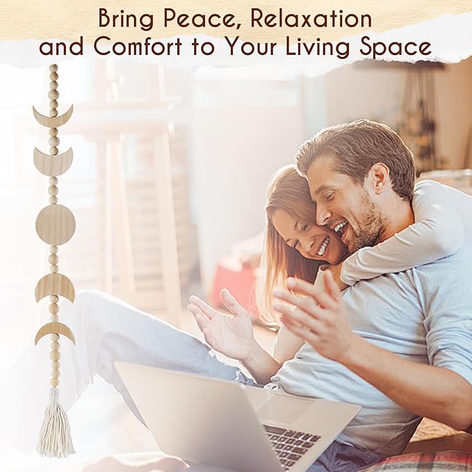 Wooden Moon Phase Wall Hanging, Celestial Bedroom Decor Aesthetic Boho for Home (Beige)