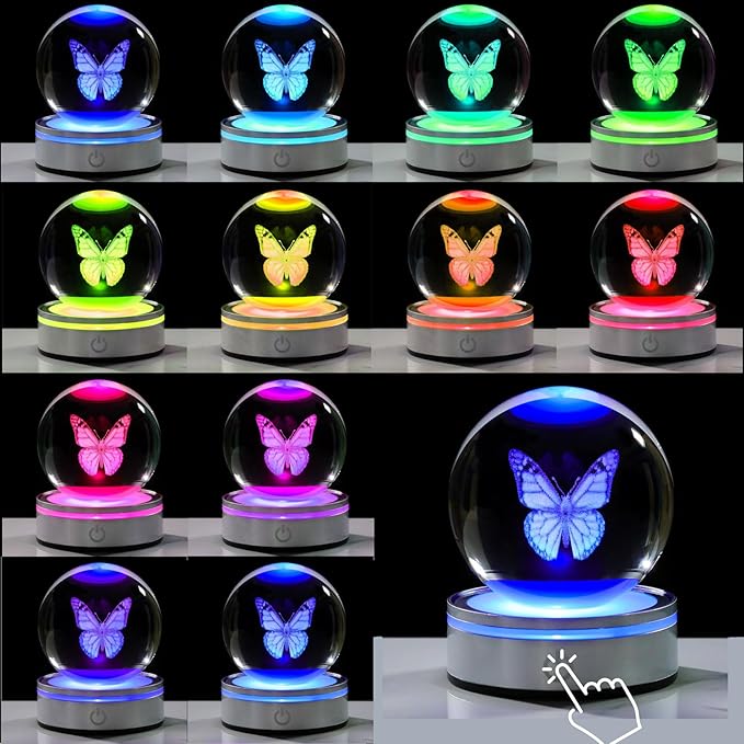 Movdyka 3D Crystal Ball Figurine Butterfly Gifts for Women Men Decorations Night Light, Laser Engraved Butterfly Ornament Glass Snow Globe Room Art Decor Crafts