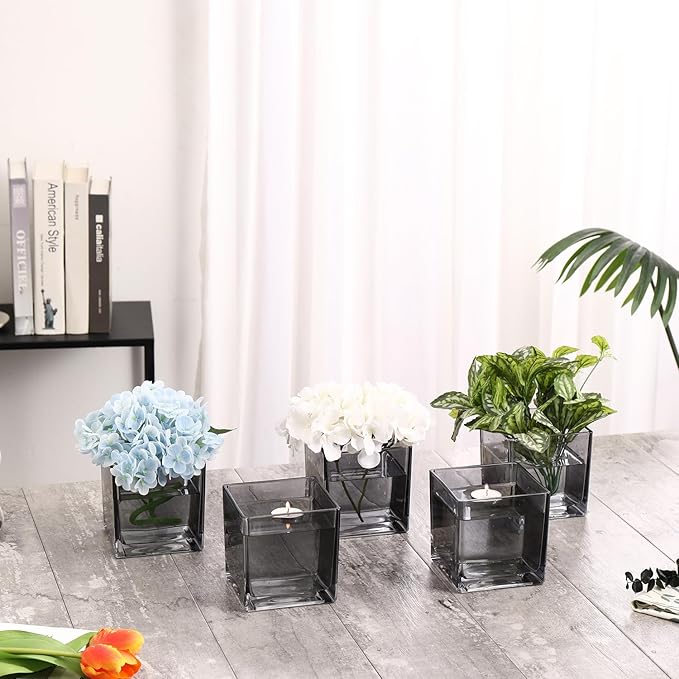 Square Glass Vases Set of 9, 4"x 4"x 4" Flower Vases for Centerpieces, Grey Glass Vase for Flowers, Small Vase for Wedding, Party, Home Office Decoration