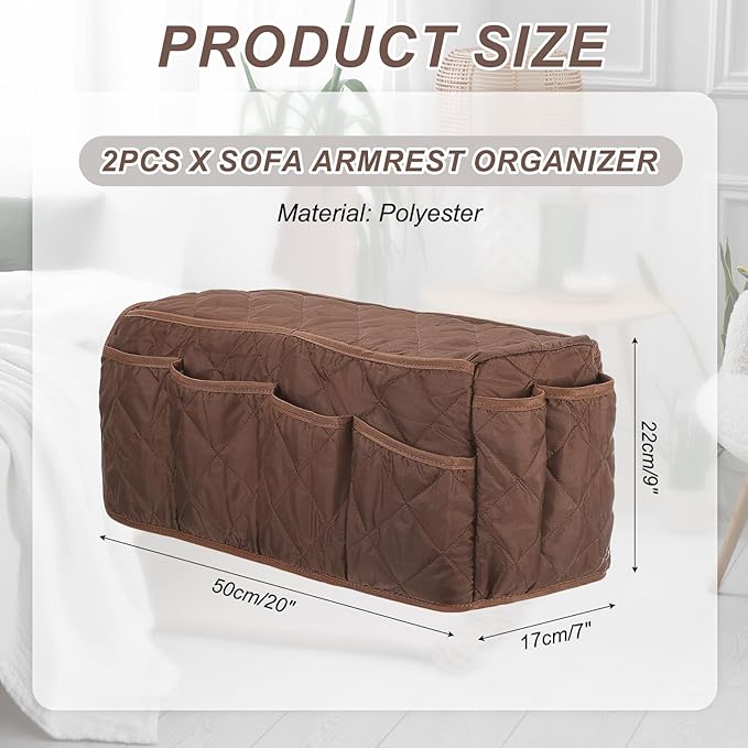 uxcell 2 Pcs Recliner Armchair Caddy, Couch Armrest Organizer with 14 Pockets for Bedside Sofa Remote Control Holder Magazine Phone Book Glasses (Brown, 20" x 7" x 9")