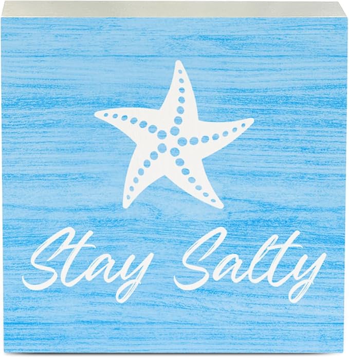 Beach Bathroom Decor Starfish Decor Stay Salty Beach Theme Summer Decorations Wooden Box Sign for Home Office Farmhouse Table Shelf