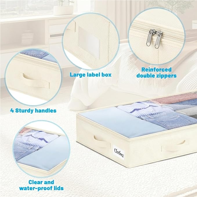 4 Inch Low Profile Under Bed Storage Drawer 2 Pack, Lightweight Underbed Clothes Storage Container Bins with NO STURCTURE, Shallow Storage Bag for Dorm & Home, With Clear Lids & Water-Resistant Fabric