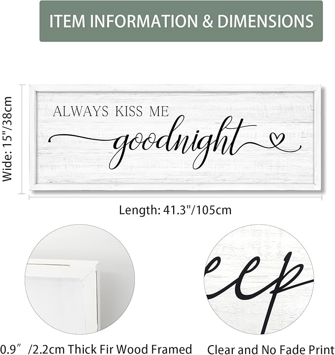 Always Kiss Me Goodnight Wall Sign Above Bed 41.3''×15'' Large Farmhouse Wall Decor for Bedroom Couples Room Decor Framed Wood Wall Art Rustic Master Bedroom Wall Decoration (white frame)