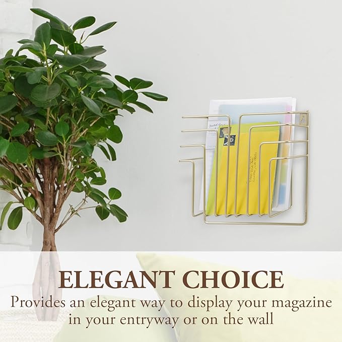 MyGift Modern Art Deco Style Brass Tone Metal Wire Floating Magazine Rack and File Folder Holder, Wall Mounted Home or Office Storage for Documents or Mail