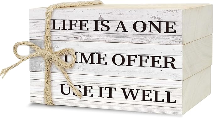 Decorative Books For Home Decor, Wood Book Stack For Table Decor, Life Is A One Time Offer Use It Well Decor Books For Living Room Bookshelf Office Coffe Bar, Farmhouse Stacked Books Decor (L06)