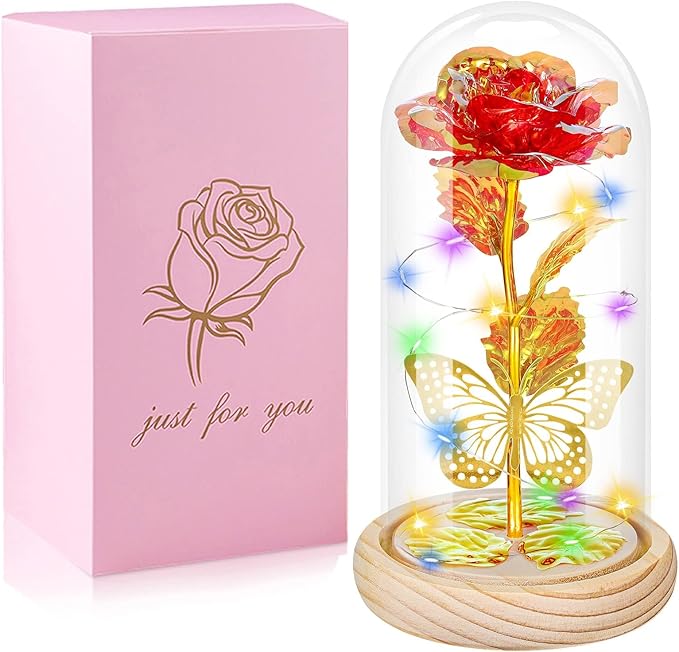 QUNPON Valentines Roses Gifts for Her Women,Valentines Birthday Gifts for Women,Valentine's Day Flowers Gifts for Mom Girlfriend Wife,Red Rose in A Glass Dome Gifts for Valentine Day