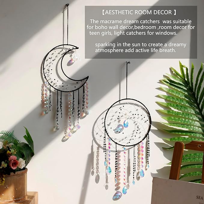 Artilady Crystal Dream Catchers Crystals - Large Black Boho Moon Dream Catcher Wall Decor House Decorations for Home Bedroom Room Decor Christmas Birthday Gifts for Girls Kids Adults