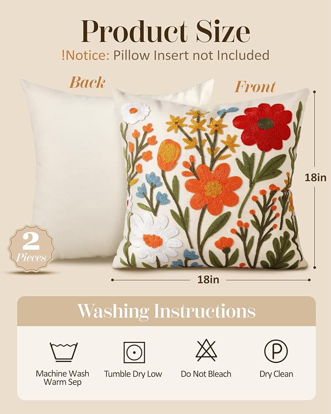 Embroidered Throw Pillow Covers 18x18 Inch - Set of 2 Summer Spring Boho Decorative Pillow Covers with Zipper for Living Room Couch Sofa Bed Aesthetic Design Flower Cluster Cushion Pillowcases