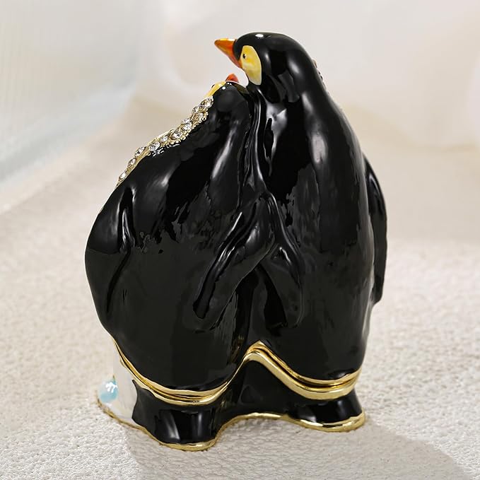 Hand Painted Trinket Box for Home Decor Accents, Enamel Hinged Jewelry Box for Bookshelf Office Table Desk Decoration, Classical Figurine Collectible Keepsake Animal Sculptures (Couple Penguin)