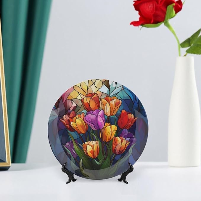 Stained Glass Theme Decorative Ceramic Plate Round Porcelain Plate,8 inch,Tulip Pattern,for Decorative Ornaments Giving Plates, 1 Plate with 1 Display Stand,Multicolor