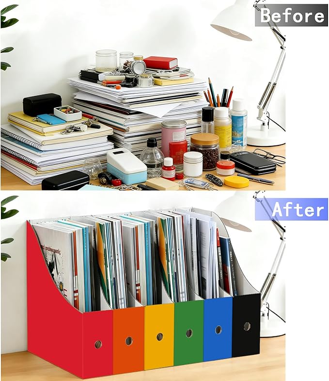 Limitliho 12 Pack Cardboard Magazine File Holder for Desktop, Book Bins for Classroom Library, Office or Home, 10.6" H x 10.2" L x 3.5" W in Cardboard Magazine Holder for Storage with Label(Six Color)