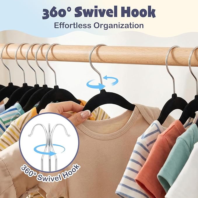 HOUSE DAY 11 Inch Velvet Baby Hangers 50 Pack Black, Premium Kids Hangers for Children/Infant/Toddler Clothes, Durable Non Slip Small Baby Felt Hanger for Closet, Ideal for Everyday Use