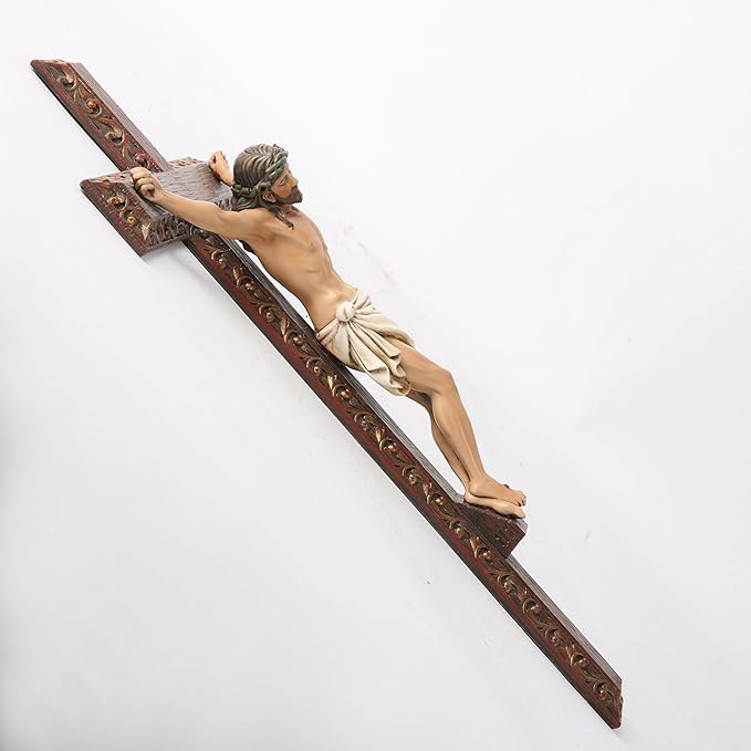 BC Catholic Crucifix Wall Cross, 12" H Jesus Christ Cross Home Decor, Religious Devout Gift, Wood Carve Looking, Hand Painted by Buildclassic