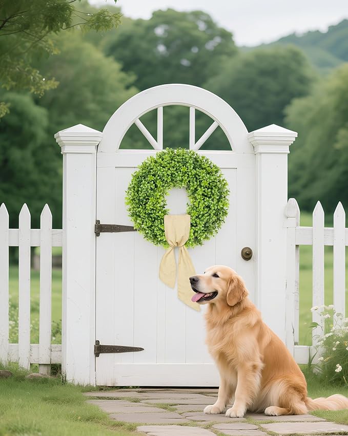Vlorart 20 Inch Boxwood Wreaths for Front Door, Artificial Spring Wreath for Wall Farmhouse Wedding Porch Green Wreath with Sash Year Round Indoor Outdoor for Summer Farmhouse Wreaths Home Decorations