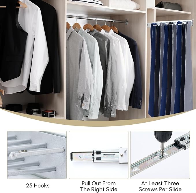 Blulu 1 Pcs 13.8'' Sliding Tie Rack Hanger for Closet, 25 Tie Pull Out Wall Mounted Extending Sturdy Metal Belt Organizer Holder for Men Belt Storage, Sliver