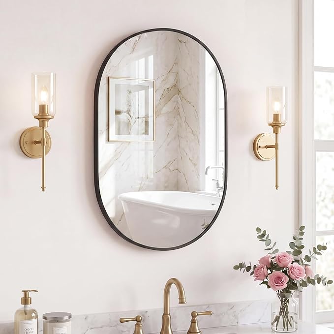 Sweetcrispy 20" x 30" Black Bathroom Mirror for Wall, Oval Wall Mirrors with Metal Frame, Tempered Glass, Modern Vanity Mirror for Over Sink, Living Room, Bedroom, Entryway, Horizontal or Vertical