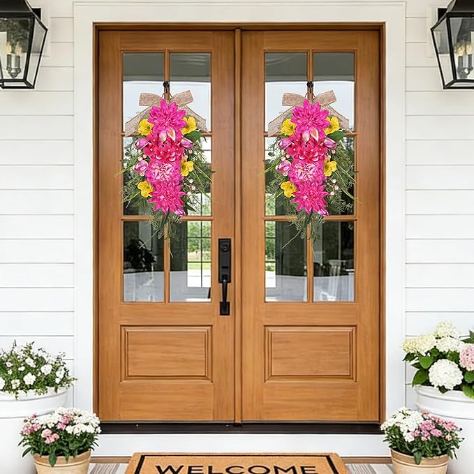 2 Pcs Pink Teardrop Swag Wreaths for Front Door 23.6" Hydrangea Floral Swag Wreath with Dahlia Tulip Summer Spring Swags for Front Door Porch Wall Window Farmhouse Decorations