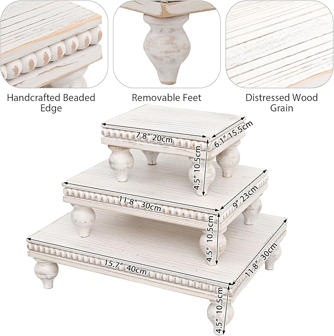 Swallowliving 3 Pcs Set Farmhouse Wood Risers for Display Decorative, Rustic Shabby Chic Tiered Tray for Kitchen Counter, Coffee Bar Table, Dining Room, Wooden Rectangle Beaded Pedestal Stand for Food, White