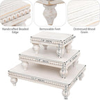 Swallowliving 3 Pcs Set Farmhouse Wood Risers for Display Decorative, Rustic Shabby Chic Tiered Tray for Kitchen Counter, Coffee Bar Table, Dining Room, Wooden Rectangle Beaded Pedestal Stand for Food, White
