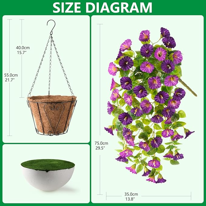 Homsunny 3 Bundles Artificial Hanging Fake Flowers with Basket Plants for Outdoor Spring and Summer Decoration, Faux Silk Flower UV Resistant Morning Glory for Home Porch Patio Garden Balcony Yard
