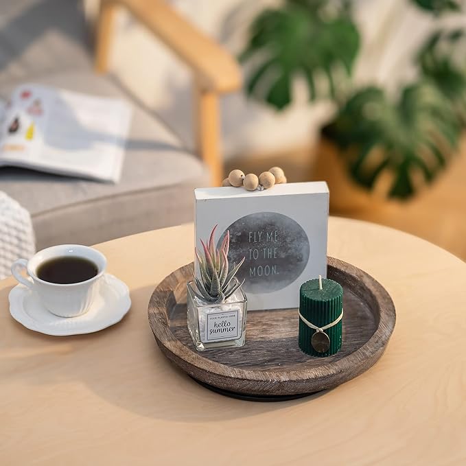 Turntable Rustic Wooden Serving Tray: Hanobe Round Wood Decorative Vintage Centerpiece Candle Holder Trays Farmhouse Ottoman Tray with Turn Table for Kitchen Countertop Coffee Table