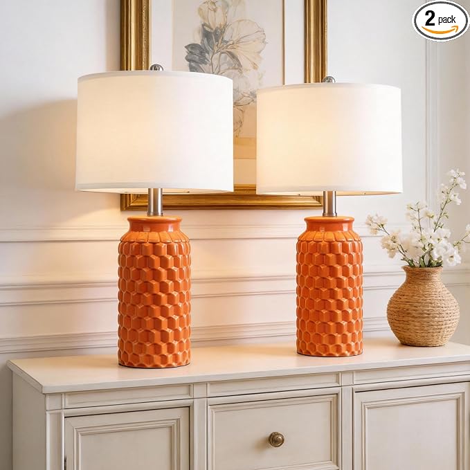 USumkky 20.5" Ceramic Table Lamps Set of 2, Modern Farmhouse Boho Bedside Lamps for Bedroom, Nightstand Lamps for Living Room End Tables, Small Desk Lamps, Orange